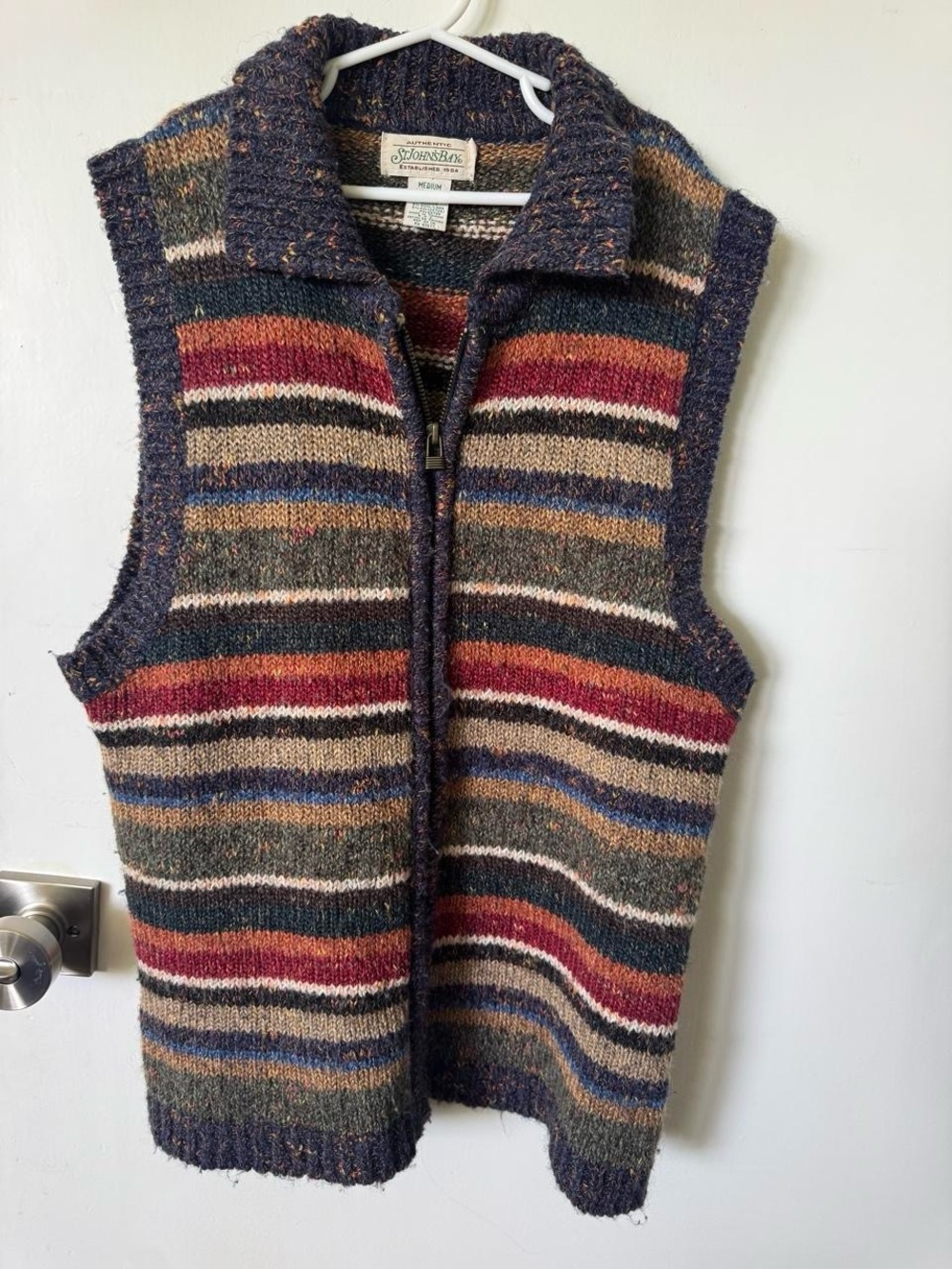 Vintage St. John's Bay Multicolor Striped Zip-Up Sweater Vest - Navy/Red/Tan